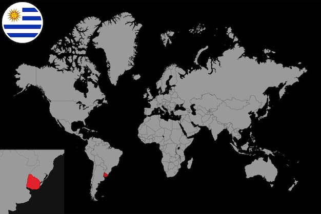 Przypnij Mapę Z Flagą Urugwaju Na Mapie świata Ilustracja Wektorowa