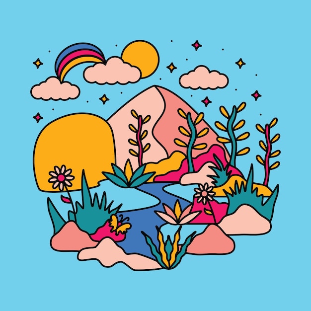Przyroda przygoda dzika góra rzeka góra kolorowa ilustracja