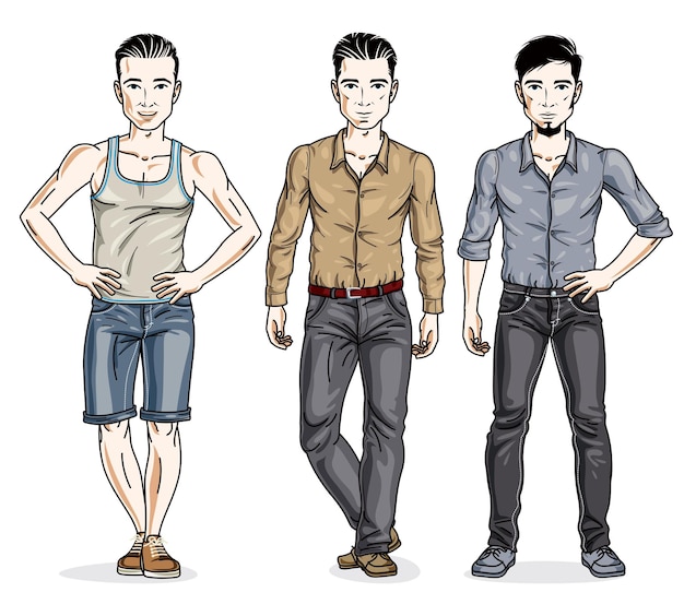 Plik wektorowy przystojni mężczyźni pozuje w stylowych przypadkowych ubraniach. zestaw ilustracji wektorowych różnych ludzi. męskie postacie z motywem stylu życia.