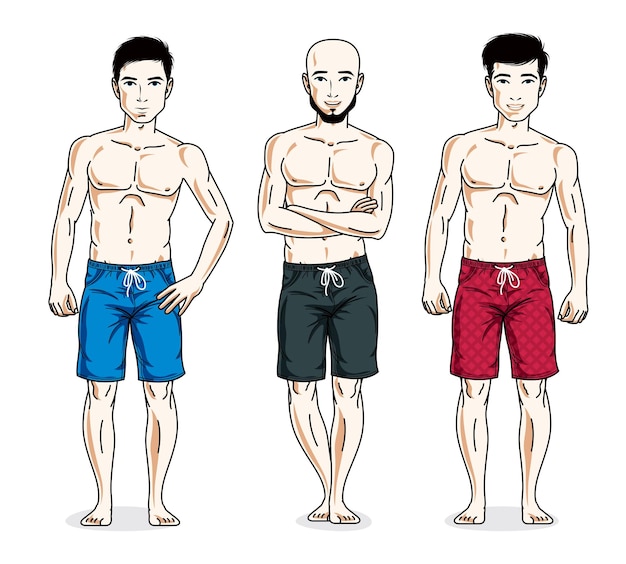 Plik wektorowy przystojni mężczyźni stojący z idealnym ciałem, ubrany w szorty plażowe. wektor zestaw ilustracji osób.