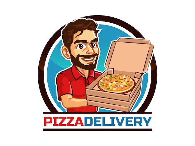 Przystojny Brodaty Dostawca Pizzy Pokazuje Pudełko Pizzy Maskotka Logo Szablon
