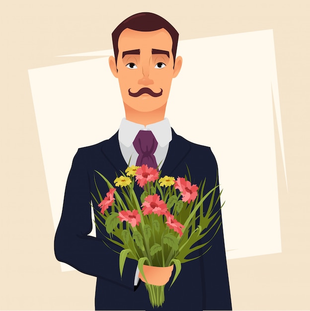 Plik wektorowy przystojny dżentelmen w garniturze z bukietem kwiatów