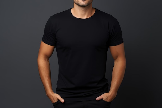 Plik wektorowy przystojny, muskularny facet w czarnej koszulce makieta szablonu czarnej męskiej koszulki na białym