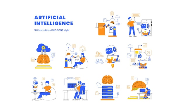 Przyszła Technologia Sztucznej Inteligencji Z Obliczeniami Uczenia Maszynowego Robota, Aby Pomóc Zestawowi Ilustracji Zadań Człowieka Z Dwutonowym Stylem Kolorów Dla Strony Internetowej Interfejsu Użytkownika