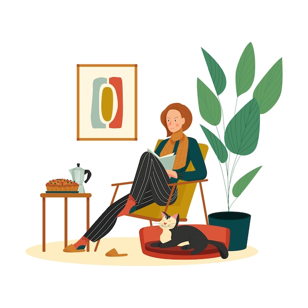 Przytulna Kompozycja Domowa Z Kobietą Siedzącą W Fotelu, Czytającą Książkę Z Kotem I Kawą Z Ilustracji Wektorowych Ciasta