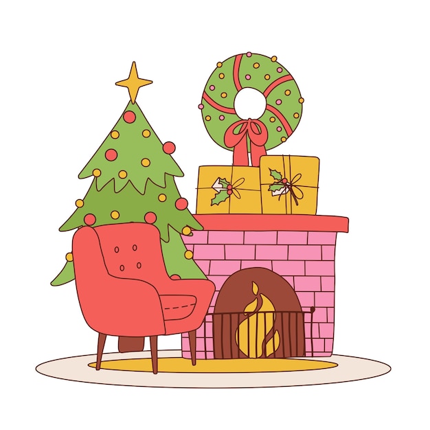 Przytulna kompozycja z kominkiem czerwony fotel choinkowy wieniec i stos prezentów świąteczny backgrou