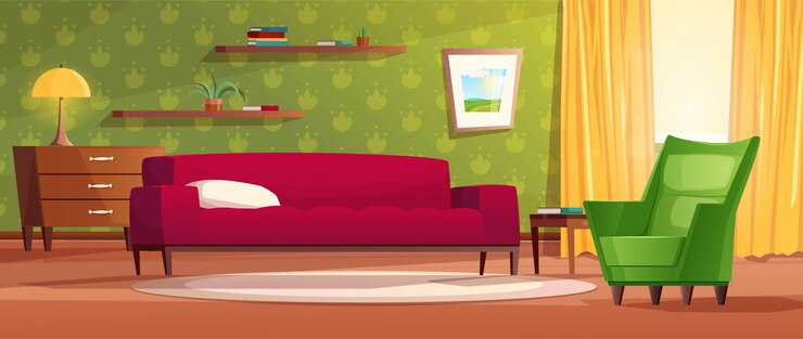 Wektor przytulne wnętrze salonu w stylu kreskówkowym. czerwona sofa, komoda, okno z jasnym światłem i żółte zasłony, dywan, półki i obraz na ścianie. ilustracja do gry.