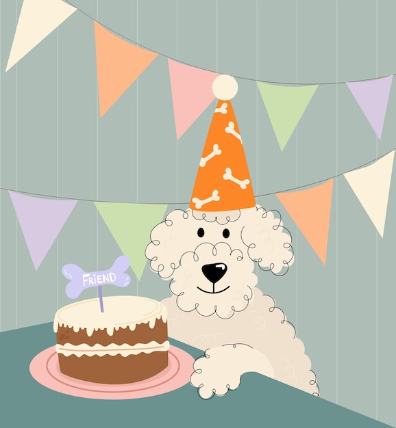 Plik wektorowy psia impreza urodzinowa. pies obchodzi swoje urodziny. pies w partyjnym kapeluszu z tortem. wszystkiego najlepszego z okazji urodzin karta