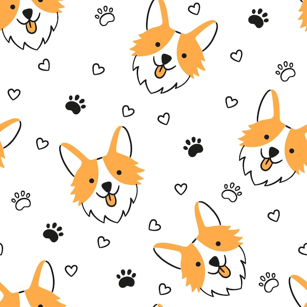 Psy bez szwu wzór z twarzą Corgi Tekstura z głowami psów Ręcznie rysowane ilustracji wektorowych w stylu doodle na białym tle