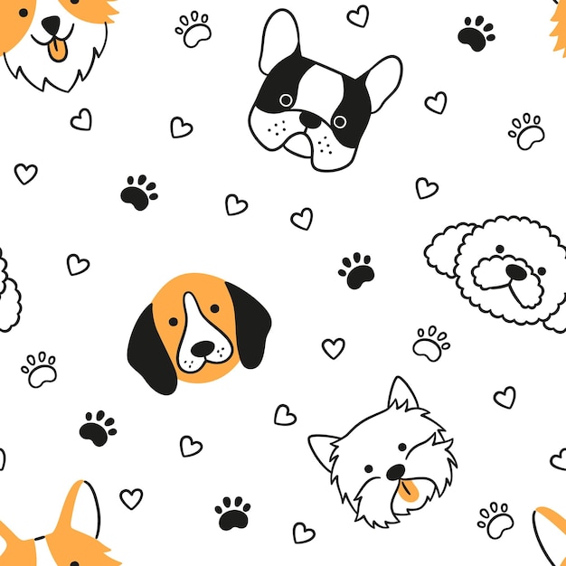 Psy wzór z twarzą różnych ras Corgi Beagle Buldog francuski Pudel Tekstura z głowami psów Ręcznie rysowane ilustracji wektorowych w stylu doodle na białym tle