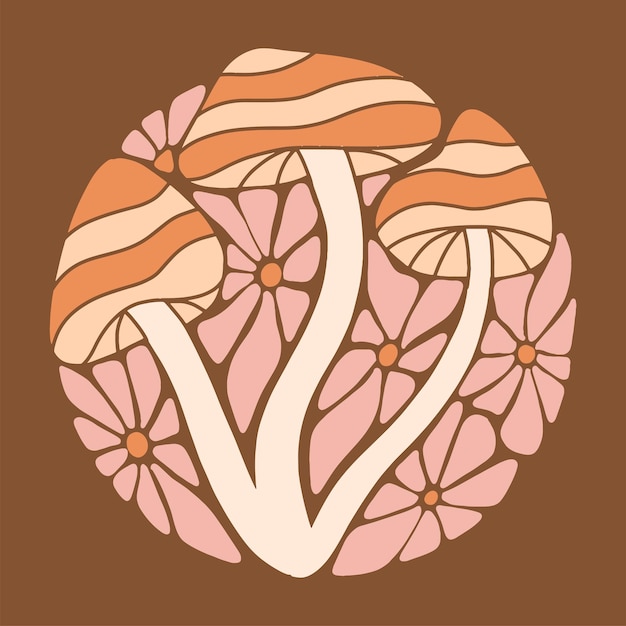 Plik wektorowy psychodeliczny plakat z pęczkiem grzybów drzewnych i stokrotką w okrągłym kształcie psatel boho hippie summer bann