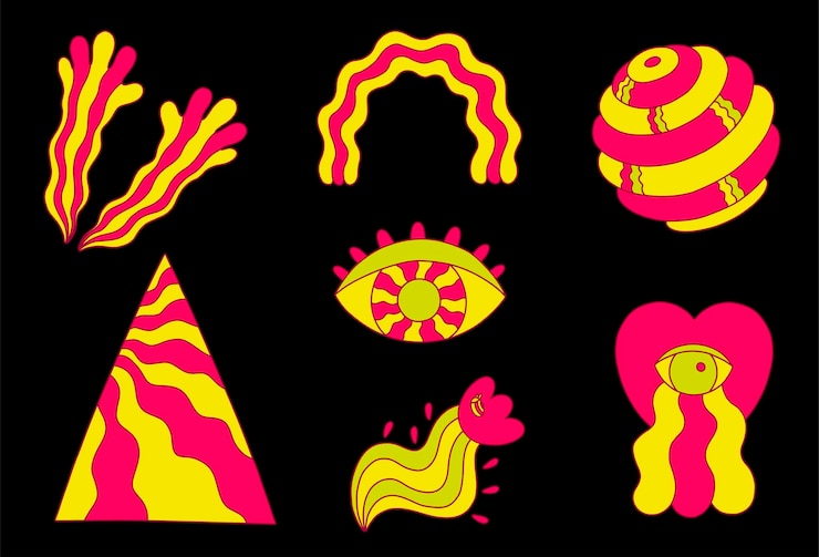 Wektor psychodeliczny trippy duży pakiet kwasowe abstrakcyjne obiekty w stylu kreskówki zestaw jasnych izolowanych elementów
