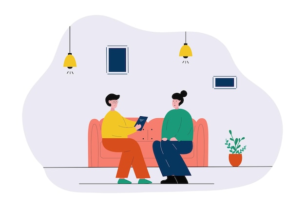 Psycholog rozmawia z pacjentem. Płaska ilustracja