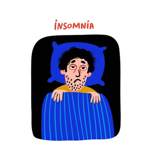 Plik wektorowy psychologia zaburzenia snu postać człowieka z bezsennością w łóżku