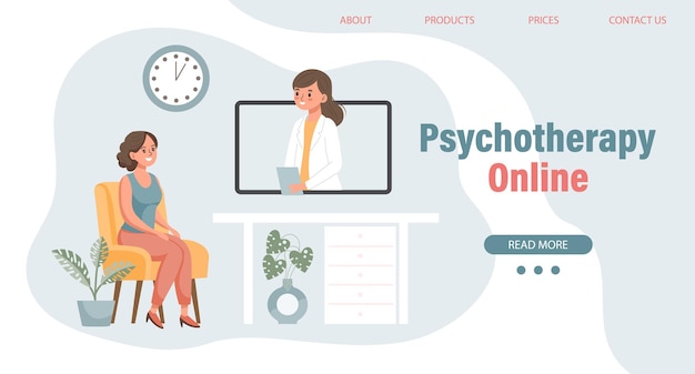 Plik wektorowy psychoterapia online kobieta rozmawiająca z psychologiem na ekranie baner zdrowia psychicznego