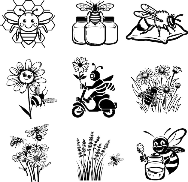 Plik wektorowy pszczoła bąbelkowa z kwiatem czarno-biała sylwetka ilustracja wektorowa