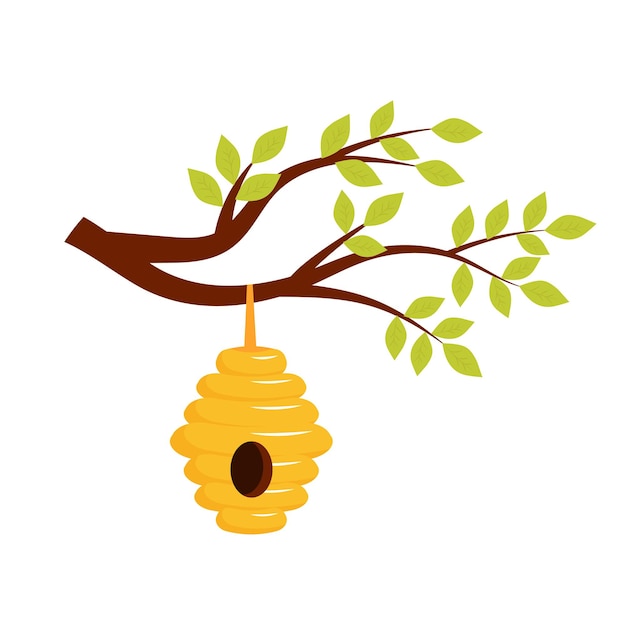 Pszczoła Wisząca Na Gałęzi Drzewa Z Liśćmi W Stylu Kreskówki