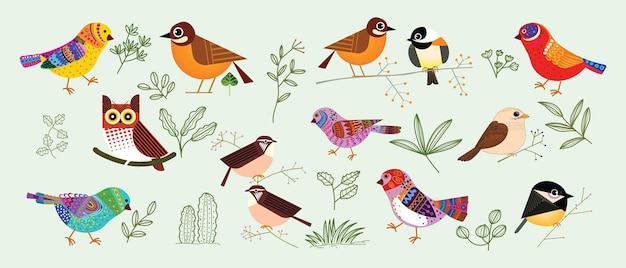 Ptaki Ustawić Ikonę Z Liści Na Tle Ręcznie Rysowane Ilustracji Wektorowych