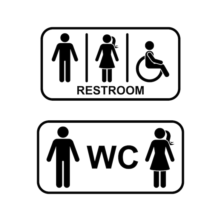 Wektor publiczna toaleta mężczyzna kobieta ludzie niepełnosprawni kierunek wc toaleta znak kreska rama ikona wektor piktogram