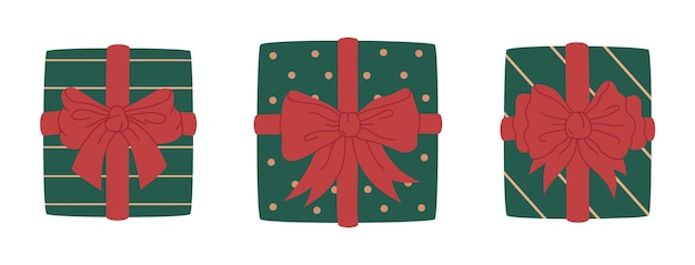 Plik wektorowy pudełka na prezenty świąteczne lub urodzinowe ręcznie narysowane pudełka prezentów świątecznych z jedwabnymi łukami zapakowane pudełki prezentów płaskie zestaw ilustracji wektorowych słodka kolekcja pudełek prezentów