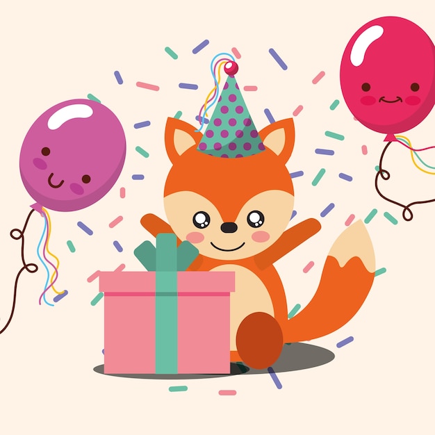 Pudełko Kawaii Balony Cute Fox Party Hat Confetti