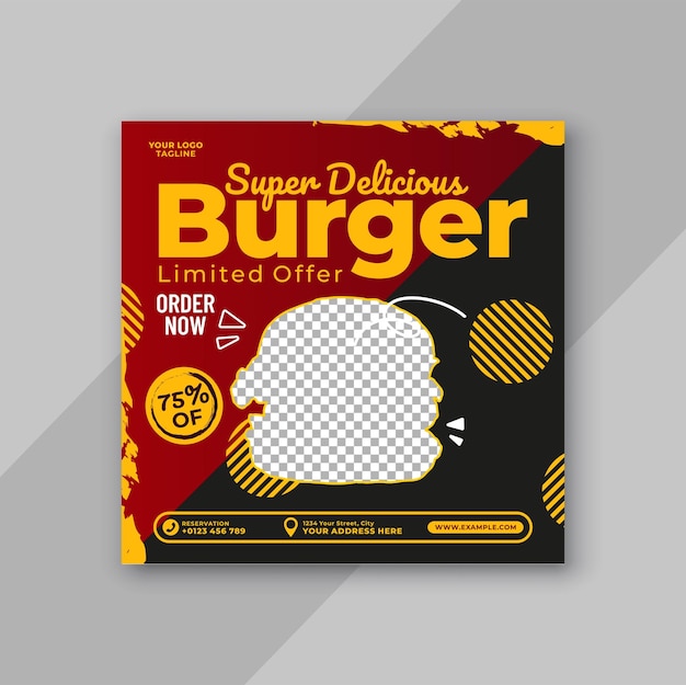 Pudełko na burgera z czerwonym i czarnym tłem szablonu żywności