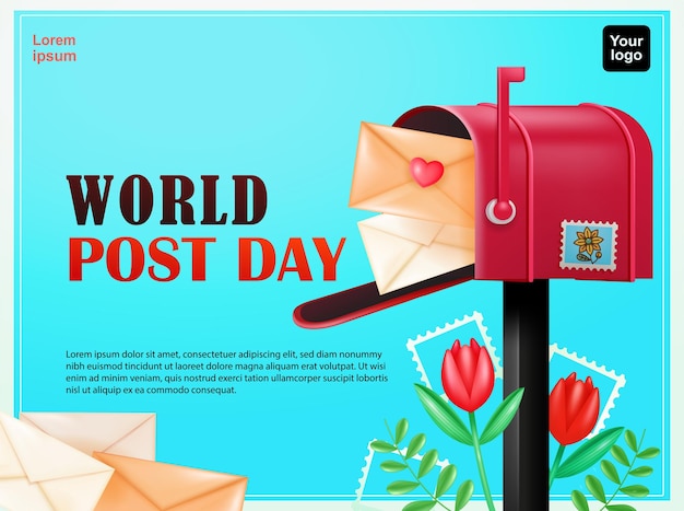 Plik wektorowy pudełko pocztowe światowego dnia poczty zawierające list miłosny z elementami kwiatów tulipanów wektor 3d