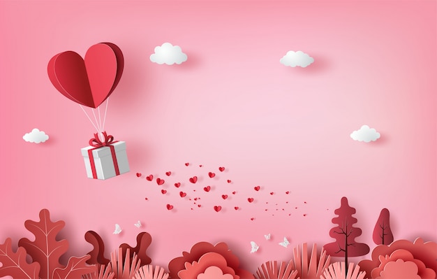 Pudełko z balonem w kształcie serca pływającym po niebie, banery Happy Valentine's Day, papierowy styl.