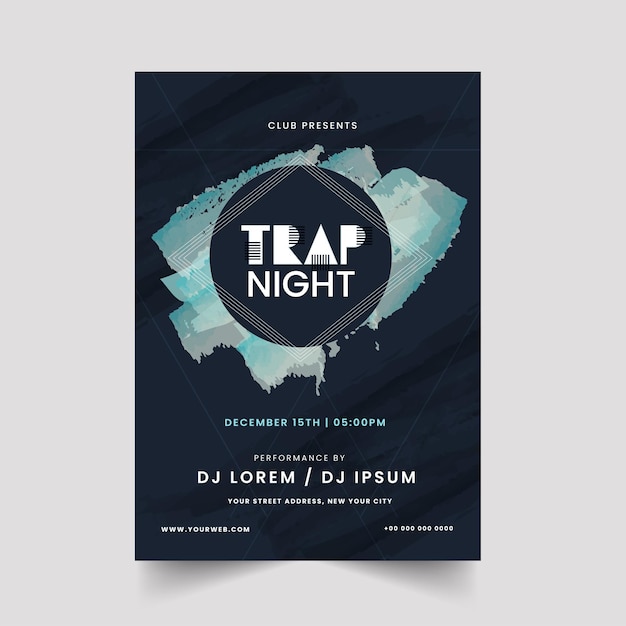 Plik wektorowy pułapka night party flyer design z efektem pociągnięcia pędzlem w kolorze turkusowym.