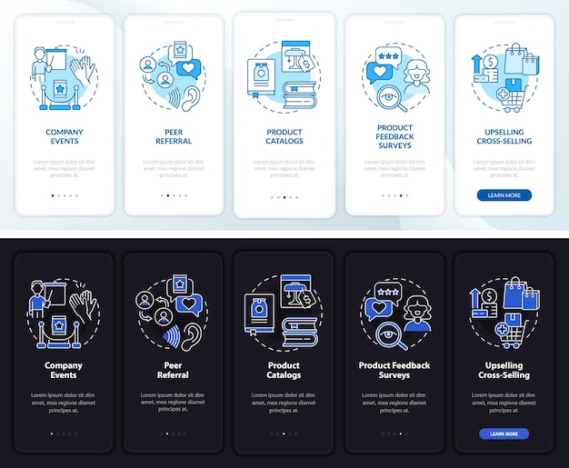 Punkty Styku Z Klientem W Trybie Nocnym I Dziennym Na Ekranie Aplikacji Mobilnej. Przewodnik Po 5 Krokach Graficznych Instrukcji Z Koncepcjami Liniowymi. Ui, Ux, Szablon Gui. Myriad Pro-bold, Używane Czcionki Regular