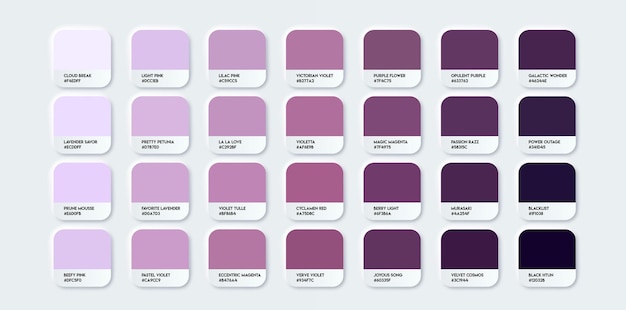 Purple Color Guide Palette with Color Names Catalog Purple Samples with RGB HEX codes and Names (Paleta kolorowa z nazwami kolorów)