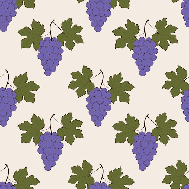 Purple grape seamless pattern contour doodle rysunek jagód i liści winogron