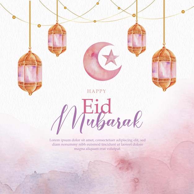 Purple Of Crescent Moon Eid Mubarak Akwarela Greeting Card