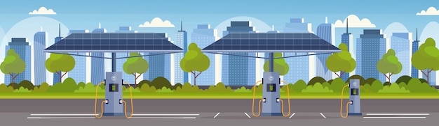 Pusta Elektryczna Stacja ładująca Z Paneli Słonecznych Odnawialnym Ekologicznym Przyjaznym Transportem środowiska Opieki Pojęcia Pejzażu Miejskiego Nowożytny Tło Horyzontalny