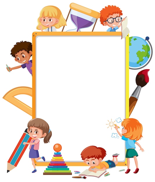 Plik wektorowy pusta tablica z wieloma postaciami z kreskówek dla dzieci w wieku szkolnym