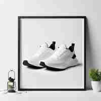 Plik wektorowy puste białe i czarne buty sportowe na półce z pustym makietą ściany dla projektu makiety 3d