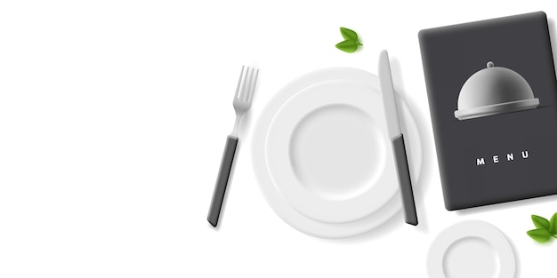 Plik wektorowy puste białe talerze ze sztućcami i książką menu do projektowania i reklamy żywności w restauracji i kawiarni