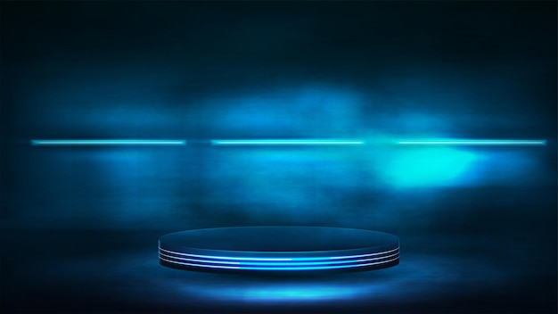 Plik wektorowy puste ciemne podium do prezentacji produktu, 3d realistyczne ilustracji wektorowych. niebieska i ciemna scena cyfrowa z neonowymi niebieskimi lampami świetlnymi