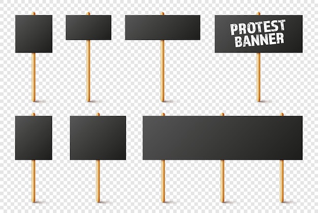 Plik wektorowy puste czarne znaki protestacyjne z drewnianym uchwytem realistyczna demonstracja wektorowa strajk banerowy