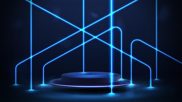 Puste niebieskie podium unoszące się w powietrzu w ciemnej scenie z linią asymetrycznych niebieskich lamp neonowych wokół