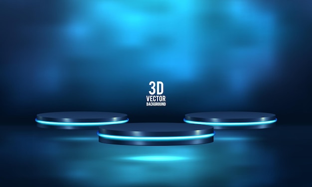 Puste niebieskie podium z białą neonową lampą na suficieAbstract 3D blue cokół cylindryczny