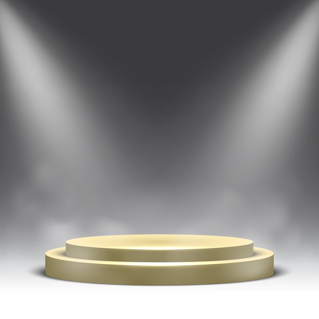 Puste okrągłe podium z reflektorami i parą. Piedestał.