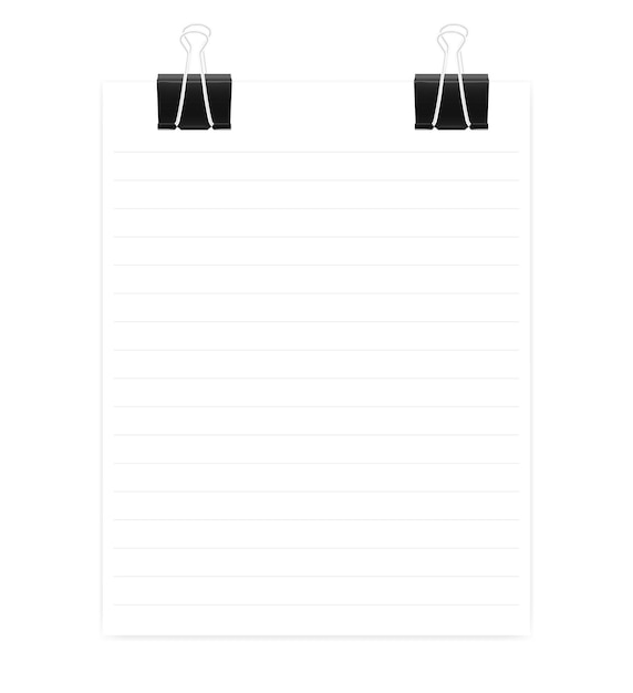 Plik wektorowy pusty arkusz papieru w linie z dwoma czarnymi spinaczami do segregatorów na białym tle makieta wektorowa