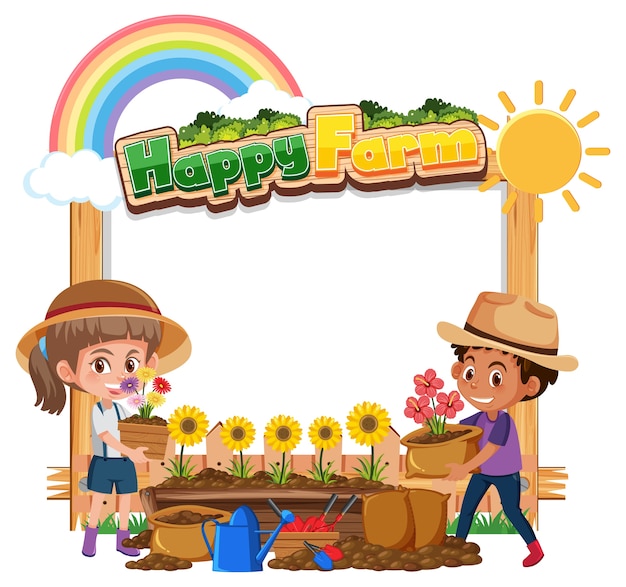 Pusty Baner Z Logo Happy Farm I Dzieci Rolnika Na Białym Tle