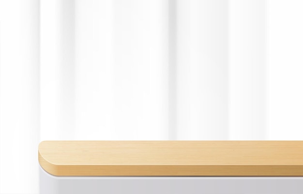 Pusty minimalny drewniany blat, podium z drewna na białym tle. do prezentacji produktów, makiety, prezentacji produktów kosmetycznych, podium, cokołu scenicznego lub podestu. wektor 3d