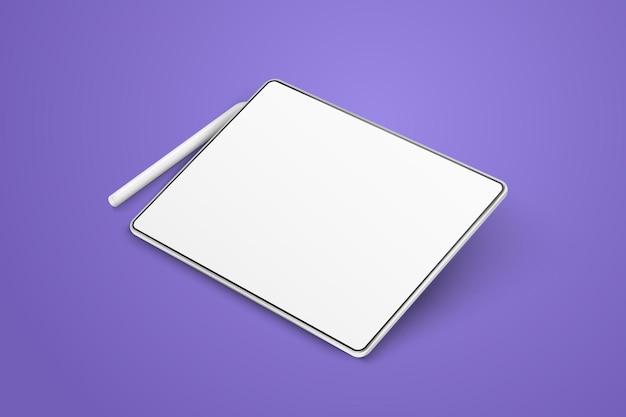 Plik wektorowy pusty tablet i pióro na fioletowym tle w pozycji obróconej urządzenie w widoku perspektywicznym