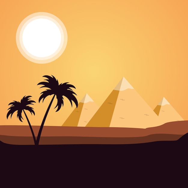 Plik wektorowy pustynna scena z palmami i piramidą w tle.