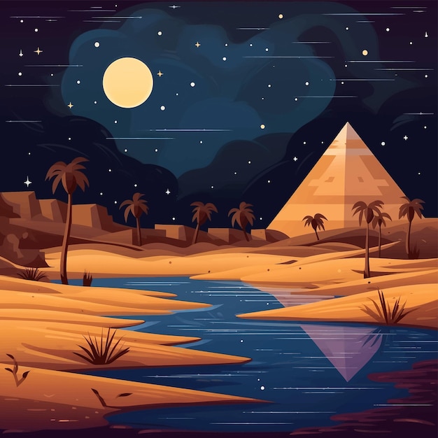 Pustynna scena z piramidą i palmami krajobraz ilustracji wektorowych Egiptu