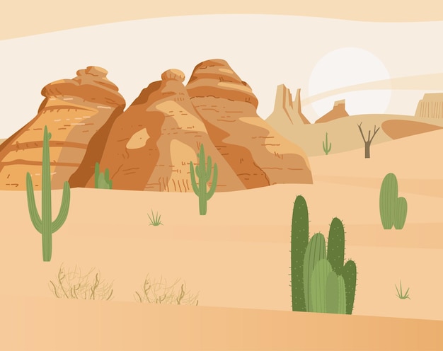 Pustynny krajobraz z aktusem i piaskowymi skałami