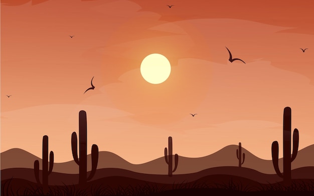 Pustynny Krajobraz Z Płaską Ilustracją Wektora Zachodu Słońca